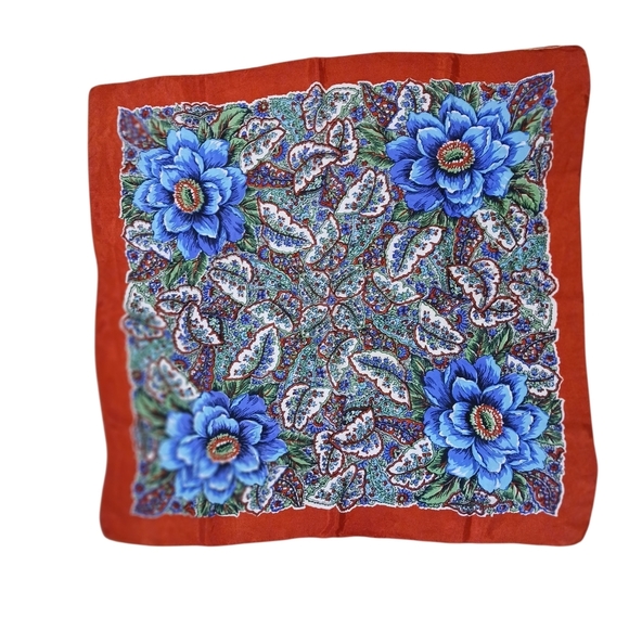 Source Unknown Accessories - Vintage Silk Floral Scarf W Red Border